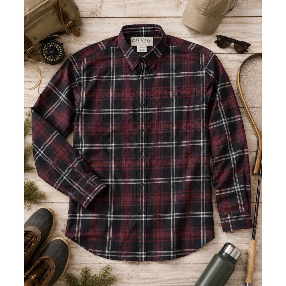 Orvis Plaid Button Down Shirt XXL Red Black Cotton Outdoor Casual Fish Hunt